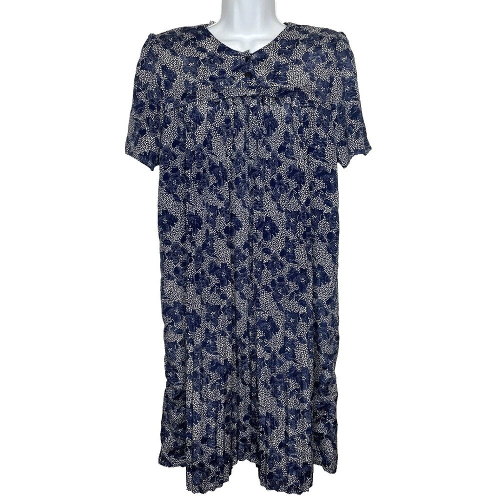 Vintage 80s Sidan Hawaiian Shift Dress Size M Blue White Floral Accordion Pleats